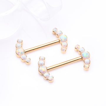 Detail View 1 of A Pair of Pure24K Implant Grade Titanium OneFit Threadless Fire Opal Ray Multi-Gem Nipple Barbell-White Opal